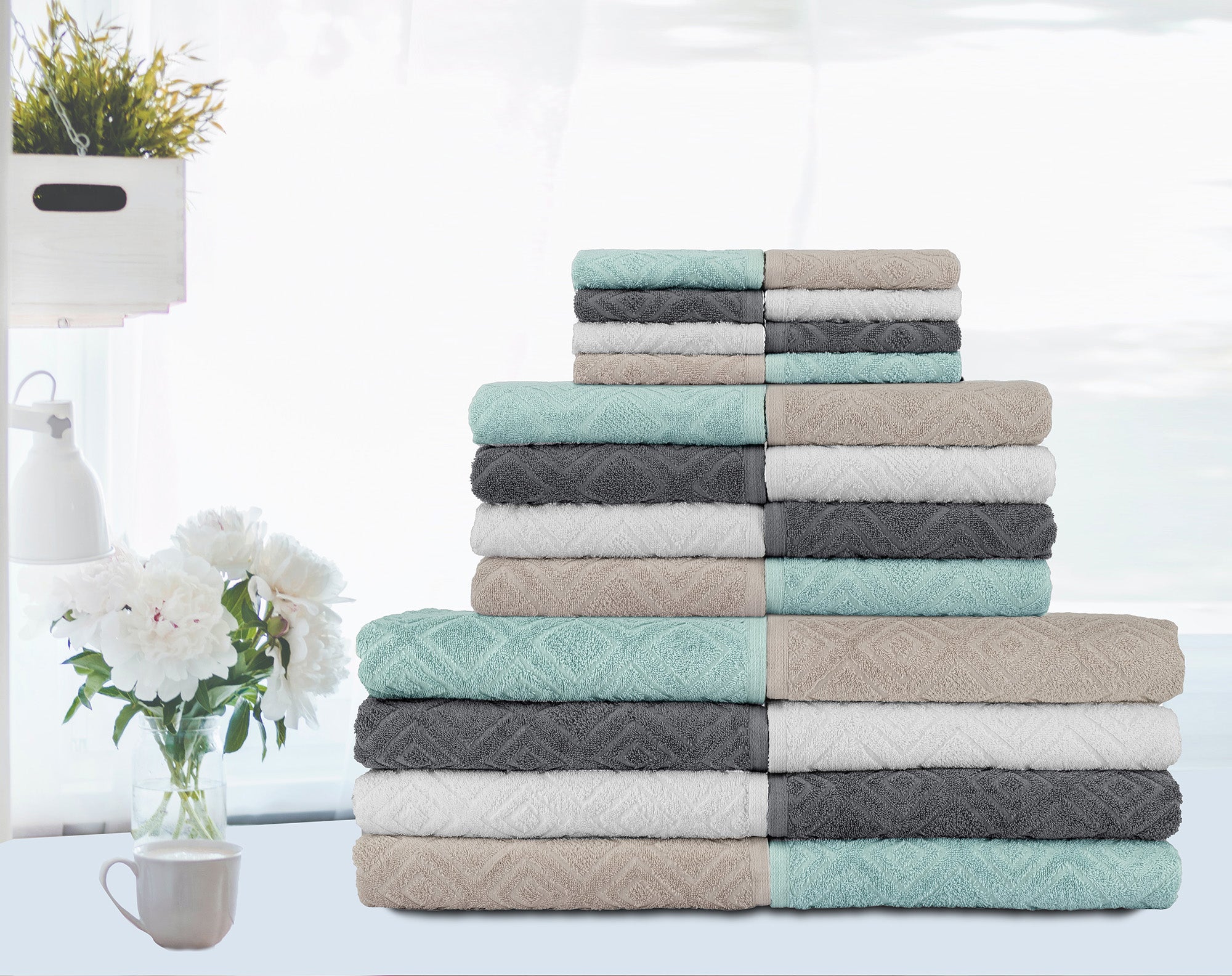 NINE WEST - LaRue Jacquard Diamond Towel Collection Set of 6 - 100% Turkish Cotton - Classic Turkish Towels