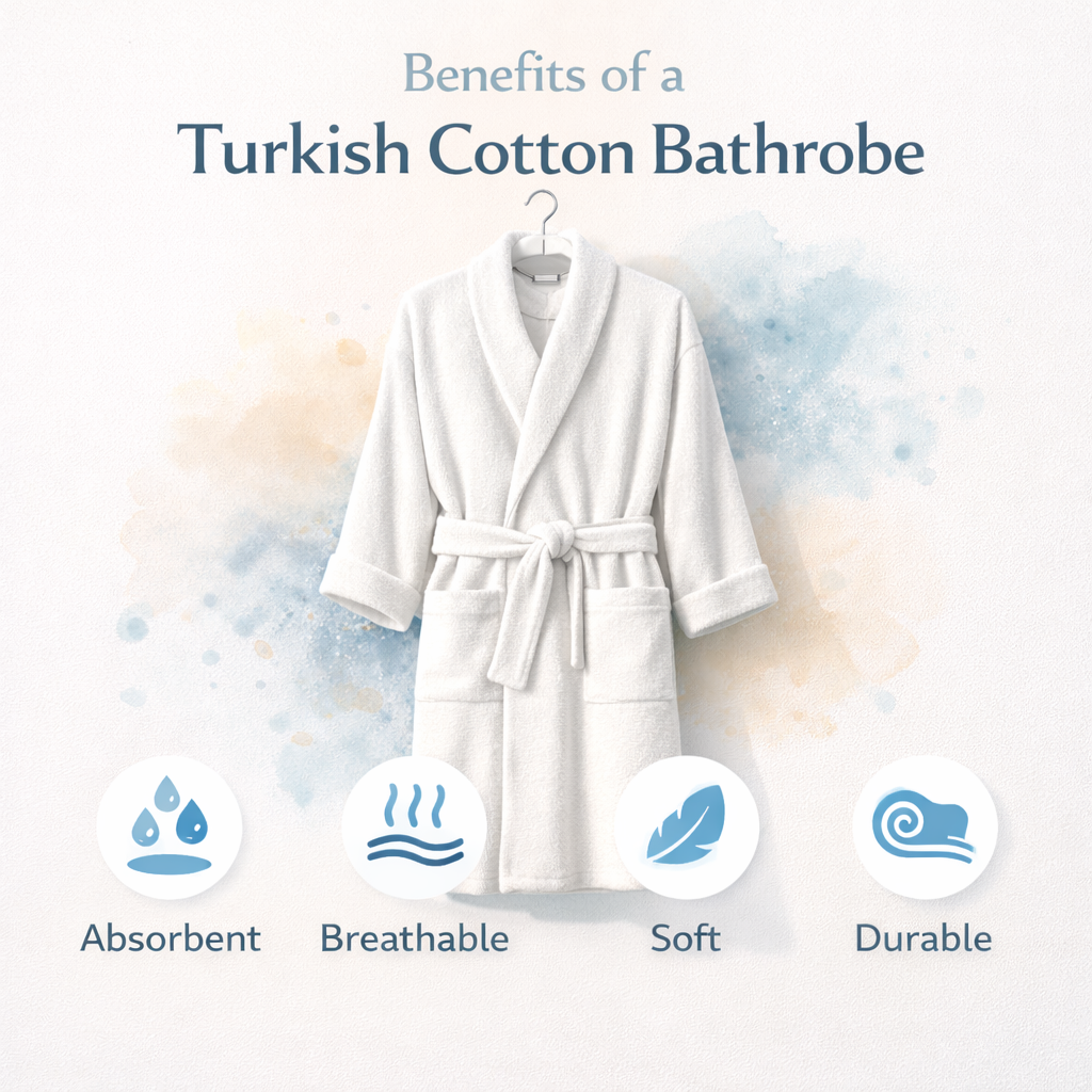 Benefits of Turkish cotton bathrobes including absorbency, breathability, softness, and durability.