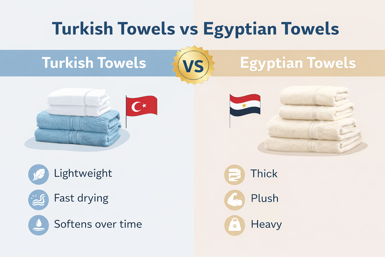 Comparison between Turkish cotton towels and Egyptian cotton towels including weight, drying time, and softness.
