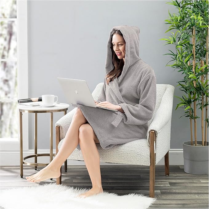 NINE WEST Unisex Bathrobe, 100% Turkish Cotton Hooded Terry Robe, High Absorbent & Quick Dry