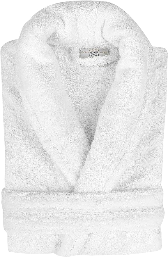 White Terry Cloth Turkish Cotton Shawl Collar Hotel Bathrobe - Unisex Italian Style Fitting - Single Robe - Classic Turkish Towels
