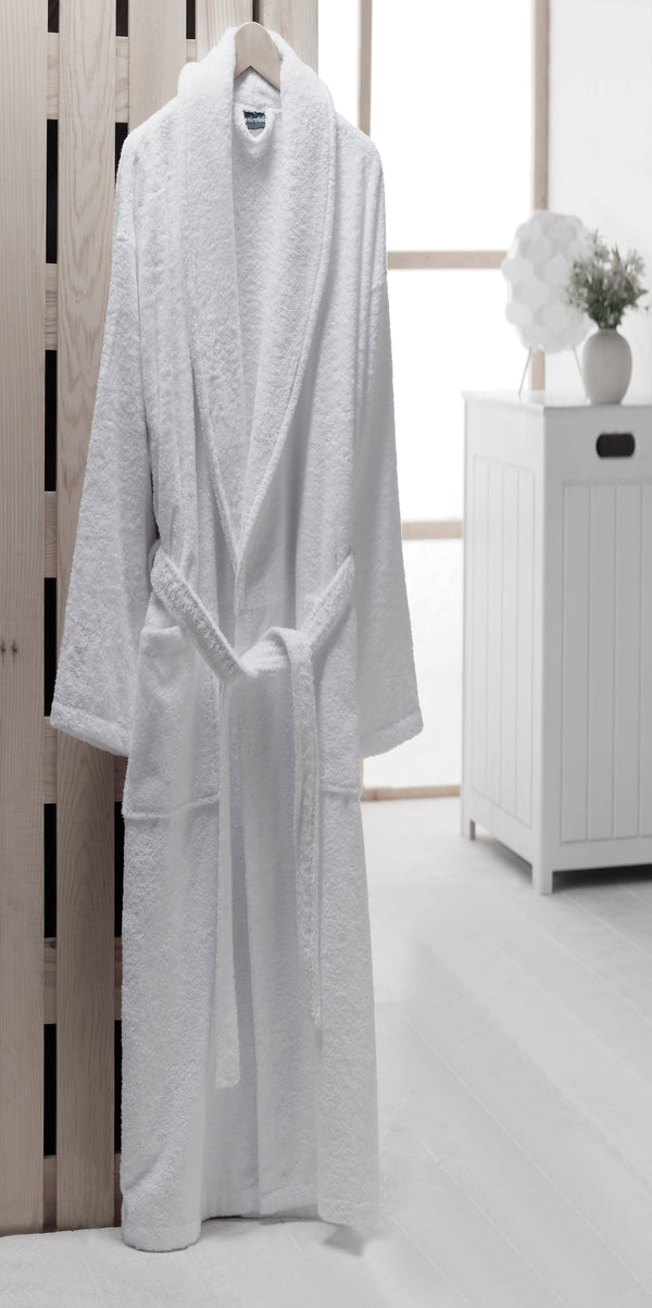 White Terry Cloth Turkish Cotton Shawl Collar Hotel Bathrobe - Unisex Italian Style Fitting - Single Robe - Classic Turkish Towels