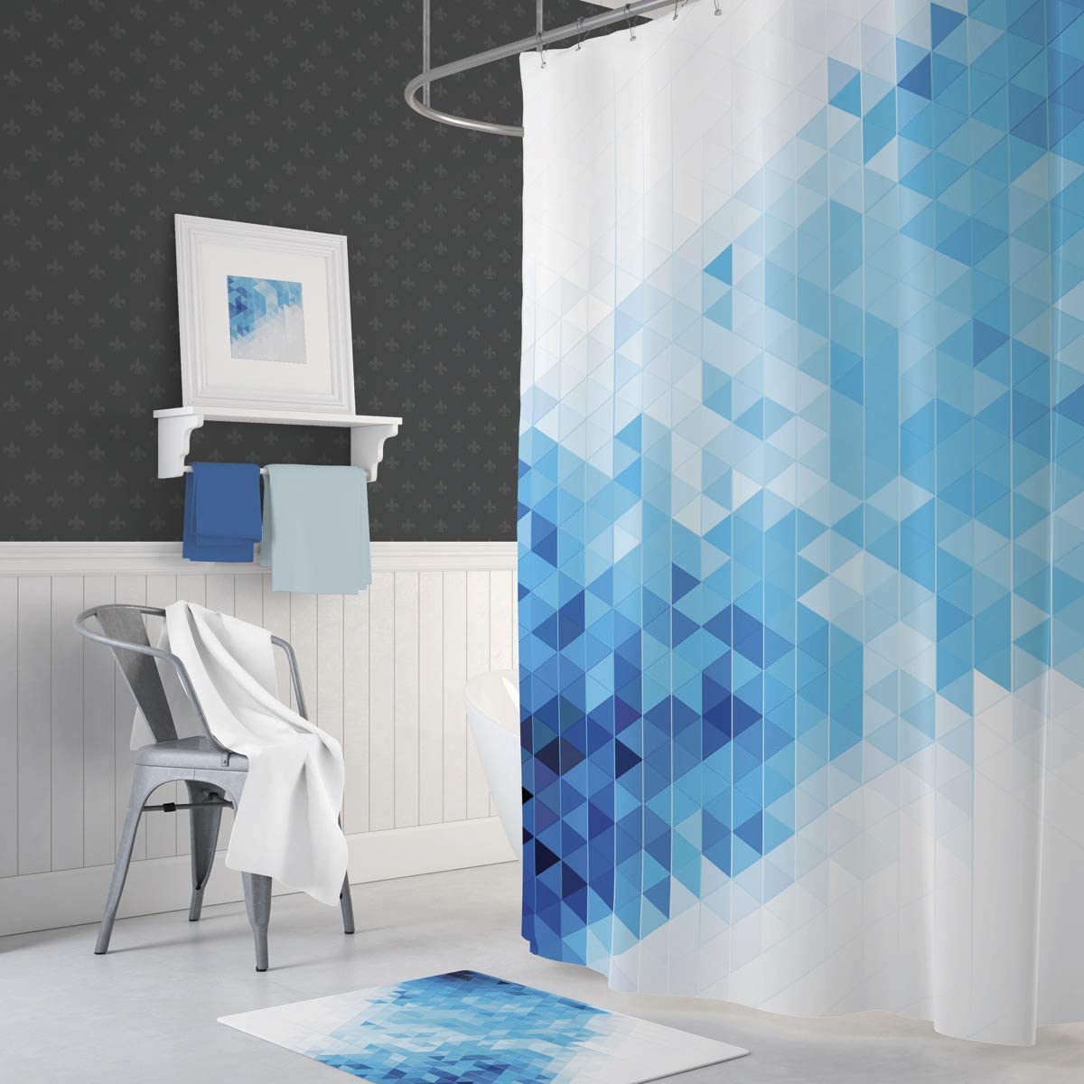 Blue Squares Shower Curtain, Heavy Duty Design with 12 Grommets and Hooks, 72 x 72 Inches - Classic Turkish Towels