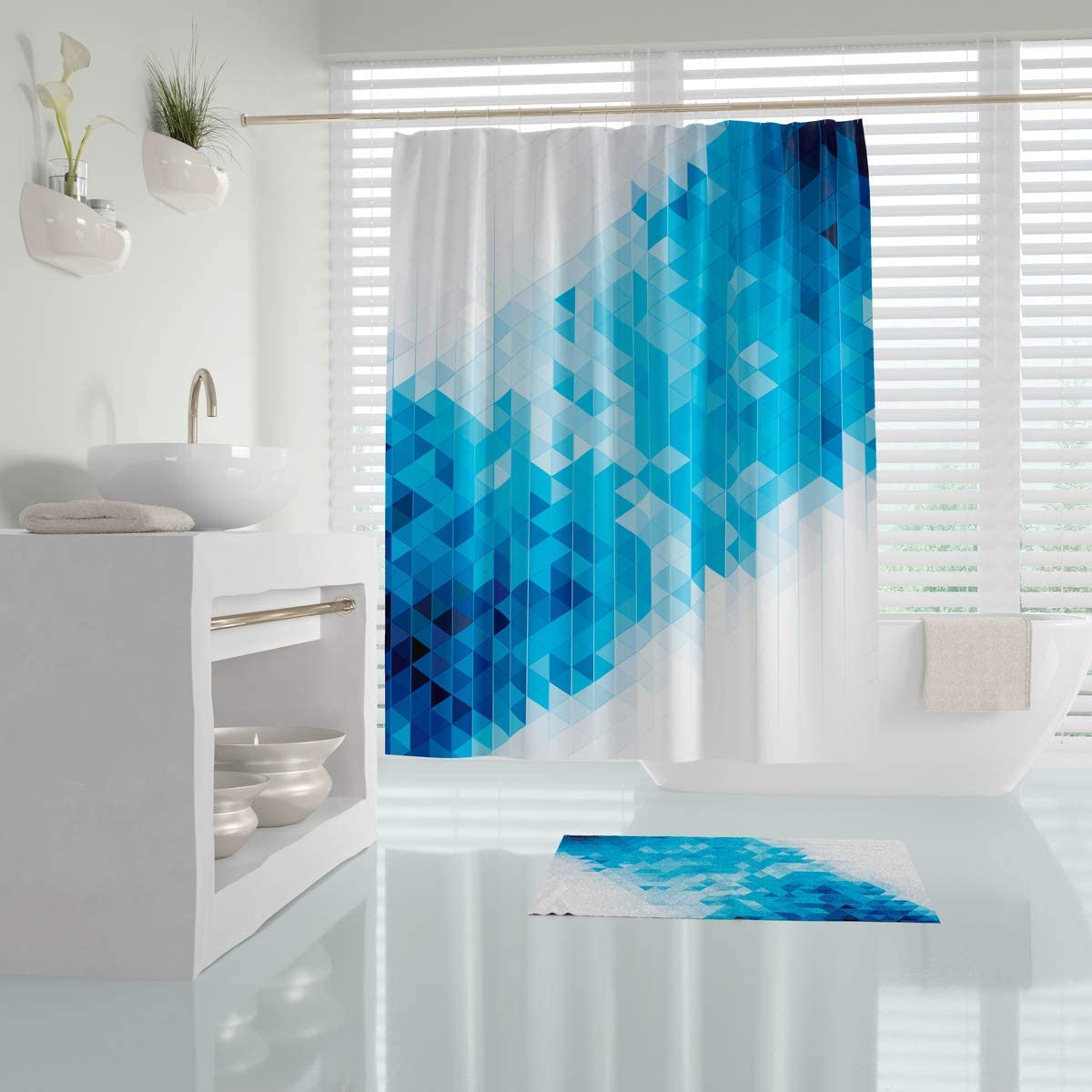 Blue Squares Shower Curtain, Heavy Duty Design with 12 Grommets and Hooks, 72 x 72 Inches - Classic Turkish Towels