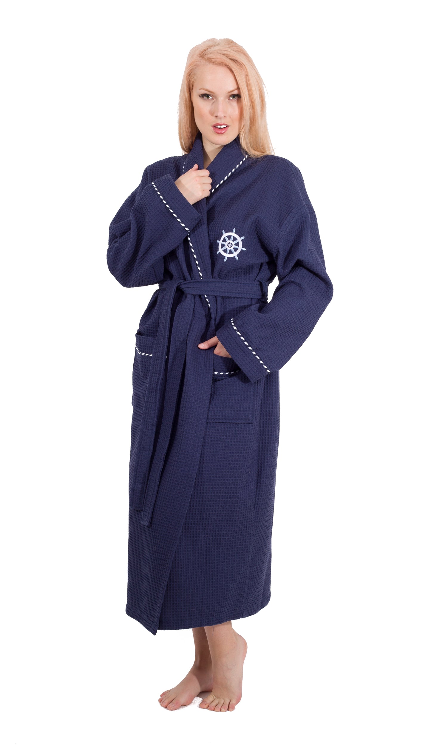 Classic Turkish Cotton Nautical Sailor Embroidered Waffle Unisex Bathrobes - Classic Turkish Towels