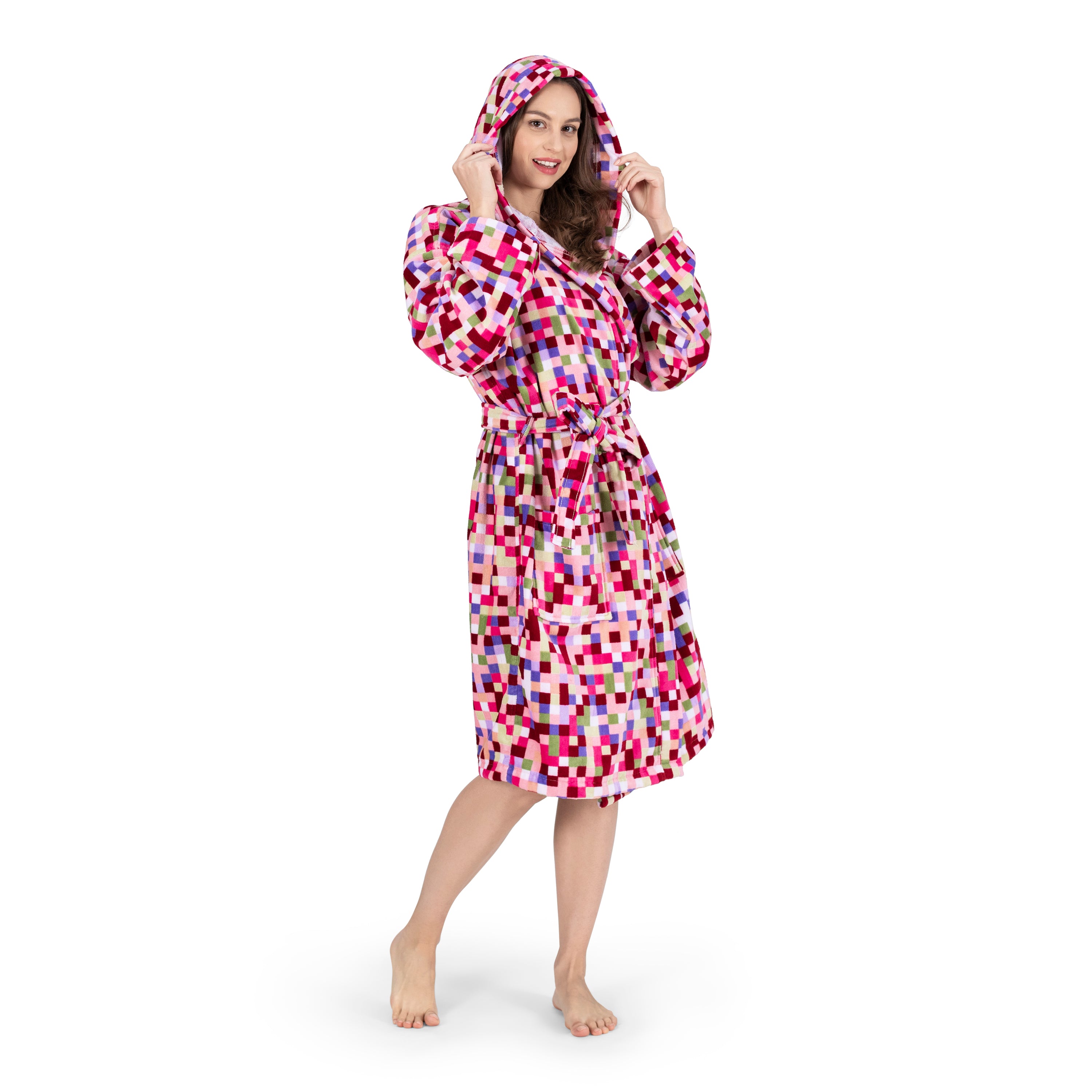 NINE WEST - Olivia Square Printed Velour Hooded Robe - 100% Turkish Cotton - Classic Turkish Towels