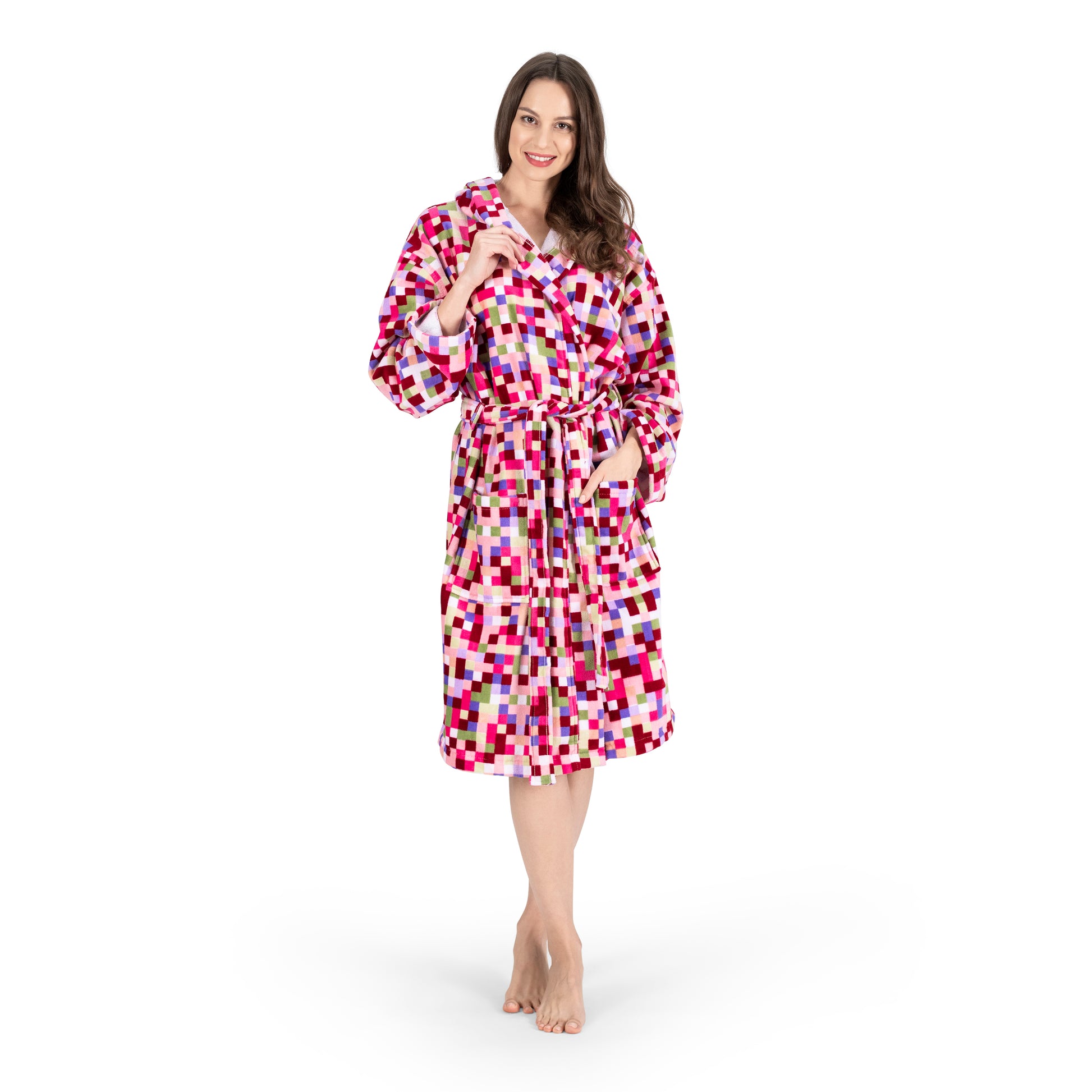 NINE WEST - Olivia Square Printed Velour Hooded Robe  - 100% Turkish Cotton - Classic Turkish Towels
