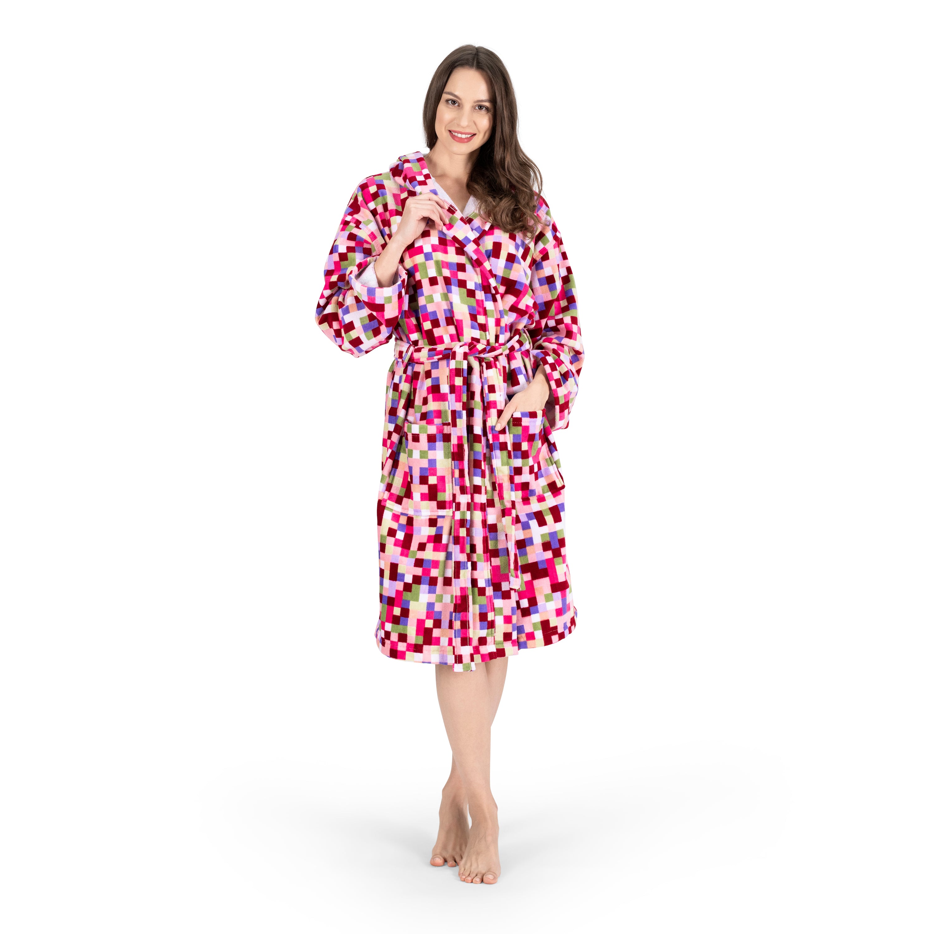 NINE WEST - Olivia Square Printed Velour Hooded Robe - 100% Turkish Cotton - Classic Turkish Towels